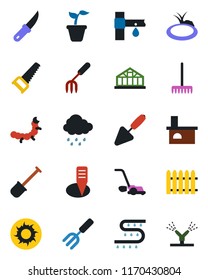 Color and black flat icon set - trowel vector, garden fork, shovel, fence, rake, seedling, saw, lawn mower, sun, rain, knife, plant label, fireplace, greenhouse, caterpillar, pond, drip irrigation