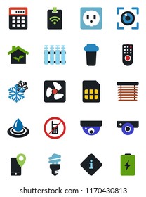 Color and black flat icon set - no mobile vector, tracking, sim, eco house, socket, fan, remote control, web camera, snowflake, water, filter, radiator, energy saving bulb, jalousie, eye scan