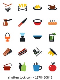 Color and black flat icon set - cook vector, serviette, phyto bar, coffee, bacon, egg stand, bread, vip zone, chicken, bowl, rolling pin, cutting board, knife, steaming pan, turkish, sushi