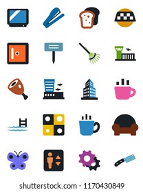 Color and black flat icon set - taxi vector, elevator, airport building, checkroom, coffee, rake, butterfly, plant label, tv, settings, application, office, stapler, pool, cushioned furniture, bread