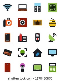 Color and black flat icon set - calculator vector, notebook pc, barcode, satellite antenna, camera, remote control, monitor, laptop, radio phone, back, mobile, wireless, face id, copier, smart home