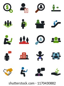 Color and black flat icon set - escalator vector, baby, speaking man, pedestal, manager place, hospital, patient, pregnancy, speaker, hr, company, client search, consumer, group, handshake, money