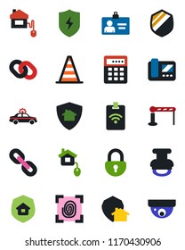 Color and black flat icon set - barrier vector, alarm car, border cone, identity card, shield, chain, protect, lock, stamp, estate insurance, home control, fingerprint, intercome, combination, pass