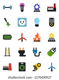 Color and black flat icon set - bulb vector, ladder, fire, ripper, barbell, remote control, speaker, rca, battery, sun panel, windmill, factory, socket, power plug