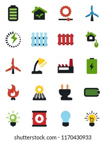 Color and black flat icon set - bulb vector, fire, oil barrel, battery, brightness, charge, desk lamp, sun panel, windmill, factory, home control, eco house, power plug, radiator, idea