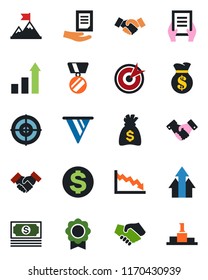 Color and black flat icon set - handshake vector, growth statistic, dollar sign, medal, money bag, document, cash, sertificate, target, arrow up graph, motivation, pennon, crisis, pedestal