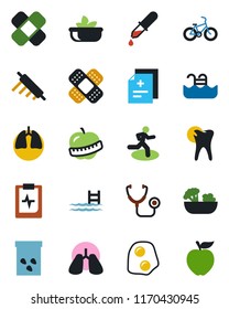 Color and black flat icon set - seeds vector, diagnosis, stethoscope, dropper, patch, bike, run, lungs, caries, pulse clipboard, diet, pool, salad, rolling pin, omelette, apple fruit