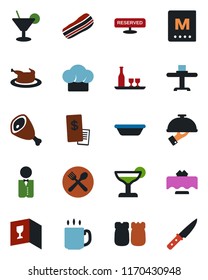 Color and black flat icon set - coffee vector, waiter, alcohol, restaurant table, cafe, cook hat, wine card, menu, reserved, cocktail, bacon, salt and pepper, receipt, chicken, ham, bowl, knife