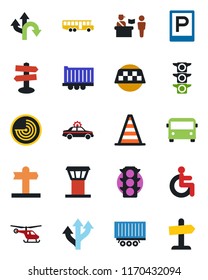 Color and black flat icon set - airport tower vector, taxi, bus, parking, passport control, alarm car, border cone, radar, helicopter, disabled, route, signpost, traffic light, truck trailer