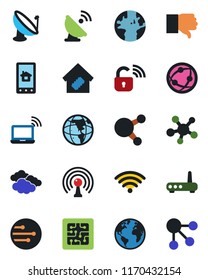 Color and black flat icon set - wireless notebook vector, clouds, earth, satellite antenna, network, share, finger down, smart home, chip, lock, router, control app, social media