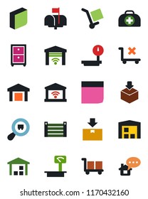 Color and black flat icon set - doctor case vector, container, cargo, no trolley, warehouse, package, heavy scales, search, blank box, archive, mailbox, garage gate control, home message