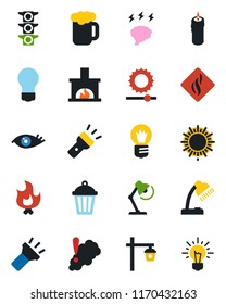 Color and black flat icon set - sun vector, brainstorm, bulb, fire, garden light, eye, traffic, torch, brightness, desk lamp, fireplace, beer, candle, smoke detector, idea
