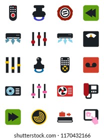 Color and black flat icon set - baggage conveyor vector, radar, stamp, scales, settings, remote control, fast forward, rewind, tuning, record, air conditioner, intercome, home app