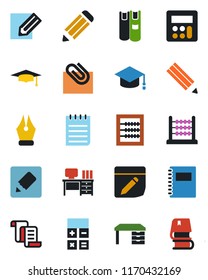 Color and black flat icon set - contract vector, calculator, graduate, desk, notepad, pencil, notes, copybook, paper clip, abacus, ink pen, book