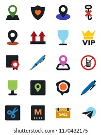 Color and black flat icon set - no mobile vector, vip, pen, stamp, heart shield, navigation, pin, fragile, up side sign, hook, cut, place tag, sertificate, sale, menu, paper plane