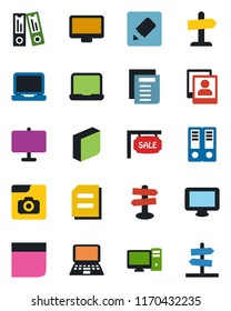 Color and black flat icon set - office binder vector, notebook pc, document, signpost, monitor, laptop, notes, photo gallery, presentation board, blank box, sale, guidepost