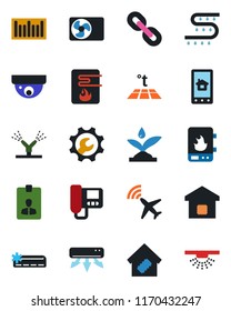 Color and black flat icon set - plane radar vector, identity card, drip irrigation, barcode, chain, root setup, air conditioner, smart home, water heater, intercome, control app, warm floor