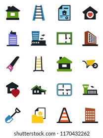 Color and black flat icon set - border cone vector, airport building, office, shovel, ladder, wheelbarrow, saw, house, with garage, plan, estate document, sweet home, city