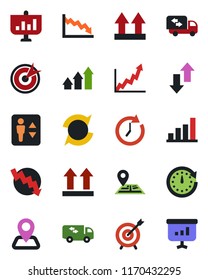 Color and black flat icon set - elevator vector, crisis graph, navigation, up side sign, data exchange, update, bar, moving, target, arrow, clock, growth, presentation