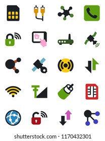 Color and black flat icon set - satellite vector, share, rca, call, sim, network, data exchange, cellular signal, wireless, lock, router, home control app, social media