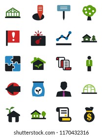 Color and black flat icon set - bomb in case vector, left arrow, manager, contract, plant label, greenhouse, fertilizer, important flag, application, point graph, house with tree, fruit, eco