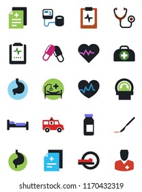 Color and black flat icon set - bed vector, heart pulse, doctor case, diagnosis, stethoscope, blood pressure, pills, ampoule, scalpel, tomography, ambulance car, hospital, stomach, clipboard