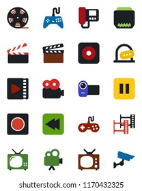 Color and black flat icon set - ticket office vector, clapboard, film frame, reel, gamepad, video camera, pause button, rewind, rec, hdmi, record, tv, intercome, surveillance