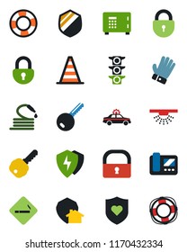 Color and black flat icon set - smoking place vector, alarm car, border cone, safe, lock, glove, hose, heart shield, traffic light, protect, key, intercome, home, sprinkler, crisis management