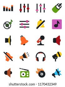 Color and black flat icon set - flame disk vector, microphone, radio, speaker, settings, equalizer, headphones, rca, tuning, bell, mute, music, sound, advertising