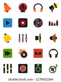 Color and black flat icon set - vinyl vector, flame disk, microphone, speaker, settings, equalizer, headphones, play button, fast forward, rec, tuning, bell, record, music