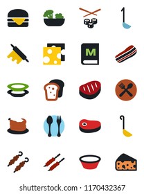 Color and black flat icon set - spoon and fork vector, cafe, menu, salad, plates, bacon, bread, chicken, steak, kebab, hamburger, ladle, bowl, rolling pin, sushi, cheese