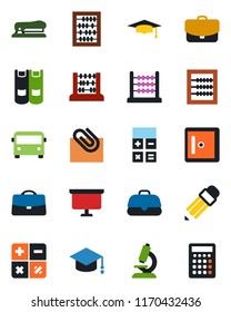 Color and black flat icon set - airport bus vector, checkroom, book, calculator, graduate, abacus, presentation board, microscope, case, paper clip, pencil, stapler
