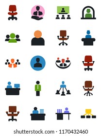 Color and black flat icon set - reception vector, manager, office chair, place, client, user, company, desk, hierarchy, group