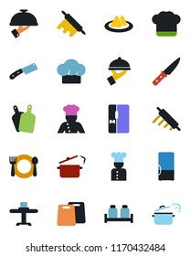 Color and black flat icon set - fridge vector, cook, restaurant table, serviette, cafe, hat, waiter, salt and pepper, rolling pin, cutting board, knife, steaming pan