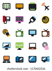 Color and black flat icon set - plane radar vector, notebook pc, statistic monitor, pulse, tv, touch screen, laptop, hdmi, statistics, intercome
