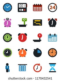 Color and black flat icon set - 24 around vector, alarm clock, flight table, calendar, heavy scales, stopwatch, manager, schedule, sand