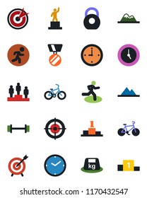 Color and black flat icon set - pedestal vector, medal, barbell, bike, run, heavy, clock, target, mountains