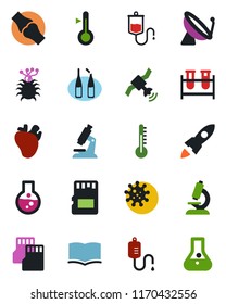 Color and black flat icon set - satellite antenna vector, book, blood test vial, dropper, microscope, ampoule, real heart, joint, virus, sd, thermometer, rocket, flask