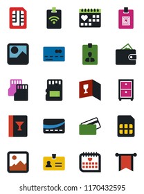 Color and black flat icon set - credit card vector, identity, medical calendar, gallery, sd, sim, archive box, wine, pass, wallet, pennon