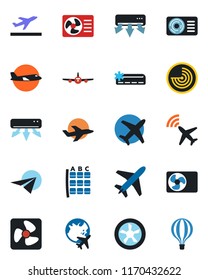 Color and black flat icon set - plane vector, radar, departure, seat map, globe, air conditioner, fan, paper, balloon