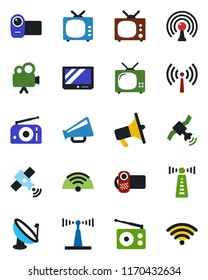 Color and black flat icon set - antenna vector, satellite, radio, loudspeaker, tv, video camera, wireless