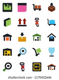Color and black flat icon set - baggage trolley vector, fragile, cargo, warehouse storage, up side sign, no hook, package, search, scanner, blank box