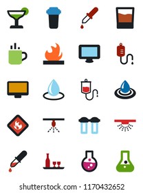 Color and black flat icon set - hot cup vector, water drop, dropper, flammable, monitor, alcohol, drink, cocktail, filter, sprinkler, flask