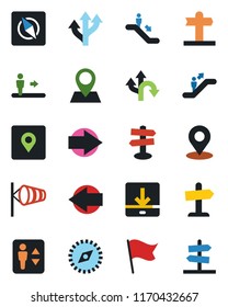 Color and black flat icon set - elevator vector, escalator, right arrow, left, wind, route, signpost, pin, download, place tag, compass, flag, guidepost