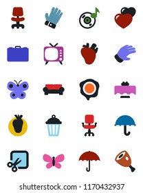Color and black flat icon set - office chair vector, case, stamp, glove, butterfly, garden light, real heart, umbrella, tv, cut, music, cushioned furniture, restaurant table, ham