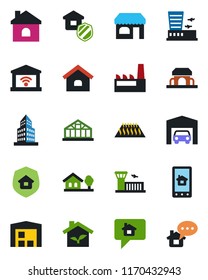 Color and black flat icon set - shop vector, airport building, house, greenhouse, office, with tree, garage, warehouse, factory, estate insurance, cafe, eco, home control app, warm floor, gate