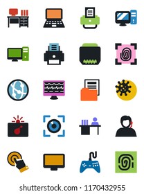Color and black flat icon set - bomb in case vector, desk, notebook pc, printer, monitor pulse, virus, support, gamepad, network, touch screen, hdmi, document folder, manager, fingerprint, eye scan