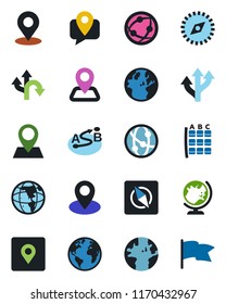 Color and black flat icon set - globe vector, seat map, route, navigation, earth, pin, mobile tracking, network, place tag, compass, flag