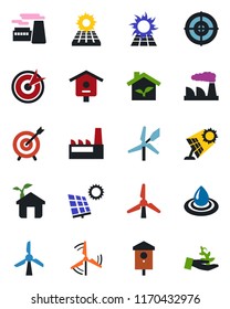 Color and black flat icon set - factory vector, bird house, target, sun panel, windmill, eco, water, palm sproute