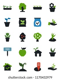 Color and black flat icon set - flower in pot vector, seedling, tree, sproute, plant label, fertilizer, fruit, apple, eco house, palm